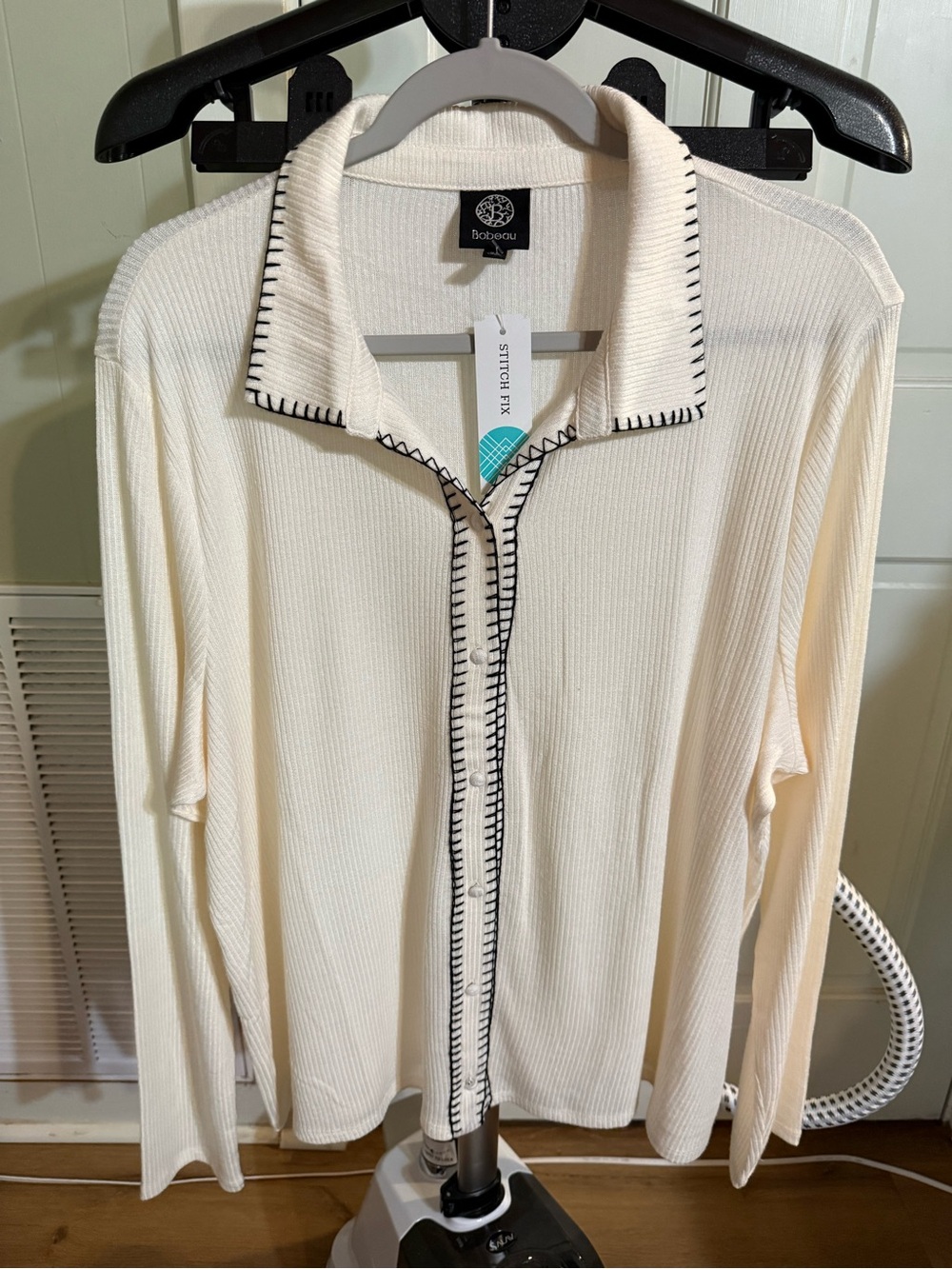 Bobeau 2x Cream Long-Sleeve Polo Cardigan with Contrast Stitching NWT